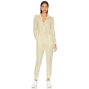 WeWoreWhat Waffle Knit Zip Front Collar Elastic Waist Jumpsuit Beige Size M